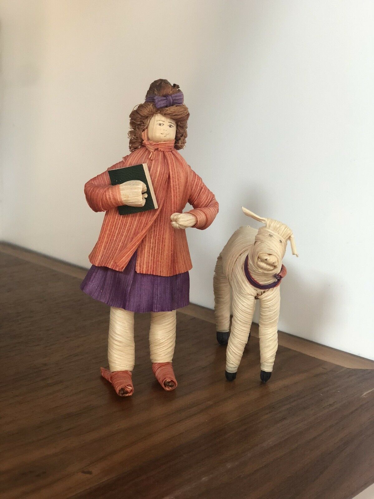 Corn Husk Dolls, Girl And Dog Figurines
