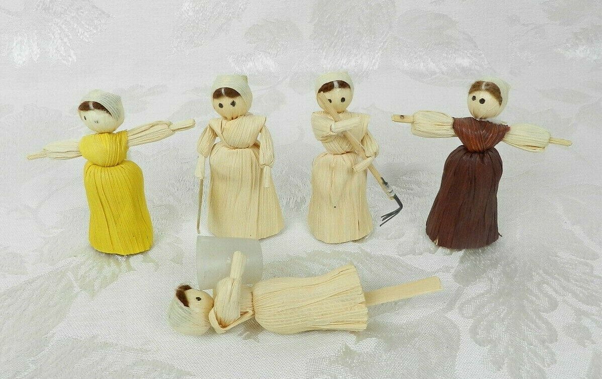 5 Vintage Corn Husk Dolls 3" H