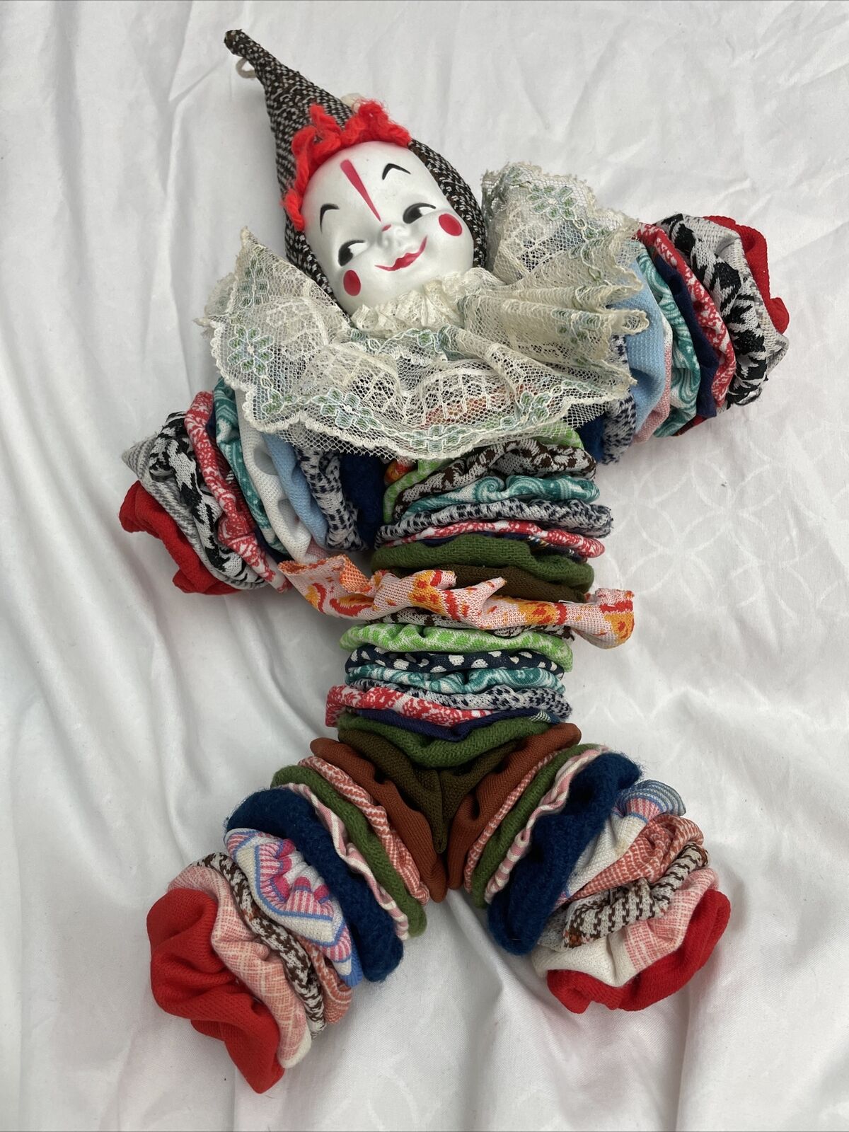 Vintage 12”handmade Yo Yo Quilt Circle Fabric Clown, Doll, Multicolored